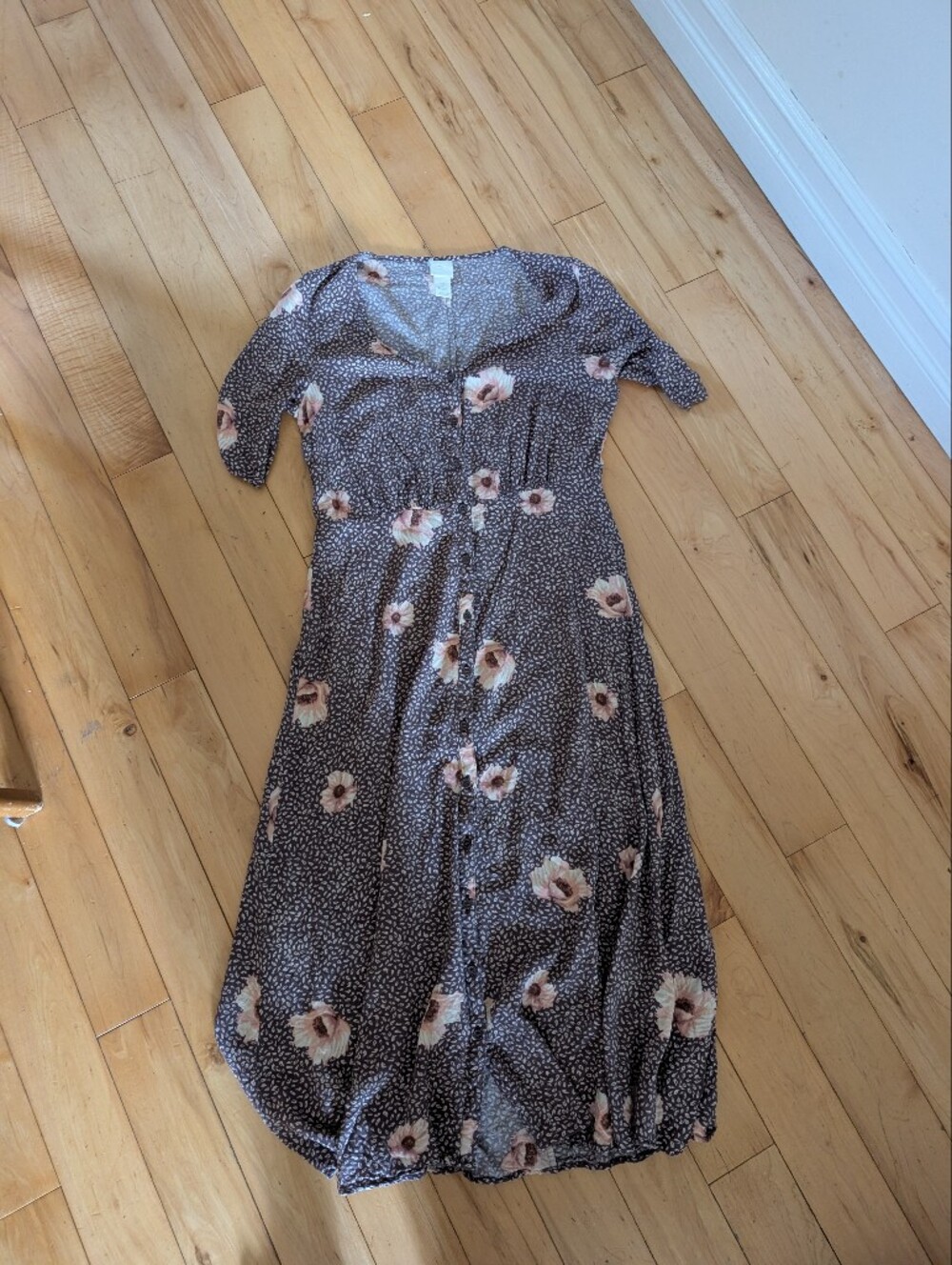 H&M Button-Front Floral Midi Dress in Brown and Pink